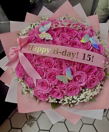 H.B. Bouquet Pink Roses w/banner