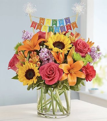 Floral Embrace with Happy Birthday Banner