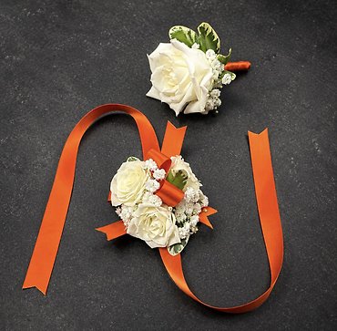 Orange Ribbon Spray Rose Corsage & Boutonnière Set