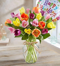 Beautiful Tulips with Happy Birthday Balloon