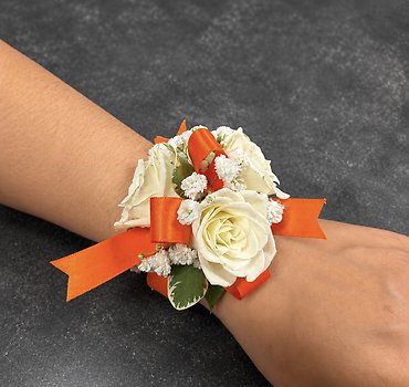 Orange Ribbon Spray Rose Wristlet Corsage