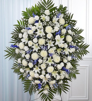 Deepest Sympathies Blue & White Standing Spray