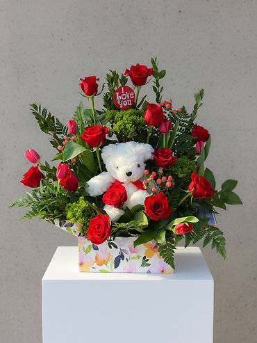 Box With Red Roses and Bear