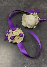 Purple Ribbon Spray Rose Corsage & Boutonnière Set