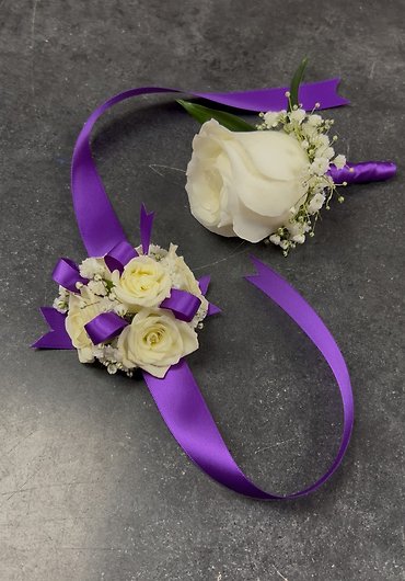 Purple Ribbon Spray Rose Corsage & Boutonnière Set